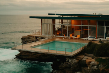 right mid-century style house with large windows opening onto a swimming pool. The house is situated on a cliff side with the ocean in front of it, fictional location. Generative AI