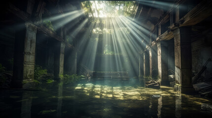 old abandoned factory, lost place under water, generative ai