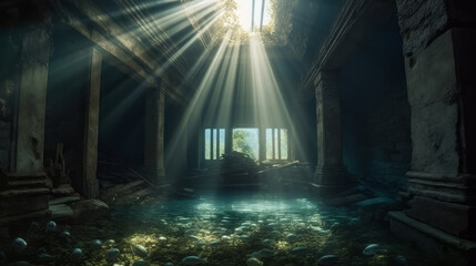 old abandoned factory, lost place under water, generative ai