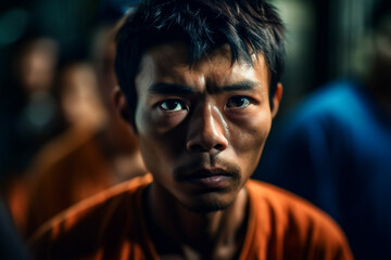 Fototapeta premium asian adult male in prison, fictional location. Generative AI