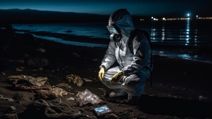 Fototapeta na wymiar Man in hazmat suit in ruined seashore at night, generative ai