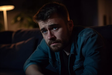Obraz premium young adult man sad and nearly crying at home in a dark room in the evening or night. Generative AI