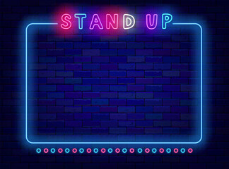 Obraz premium Stand up neon announcement. Comedy night show banner. Comic evening. Bright flyer. Vector illustration