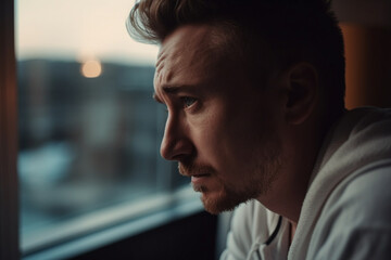 young adult man sad and nearly crying at home in a dark room in the evening or night. Generative AI