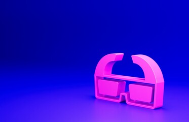 Pink 3D cinema glasses icon isolated on blue background. Minimalism concept. 3D render illustration