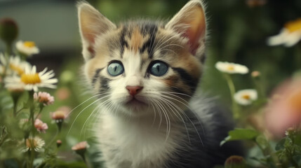 Naklejka na ściany i meble portrait of a cat, kitten with flowers and grass, generative ai