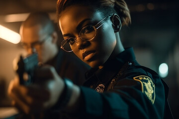 Fototapeta na wymiar a young police officer woman in uniform with a gun . Generative AI