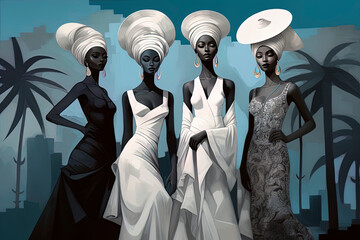 Generative AI illustration of fashion illustration of african and caucasian women with henna hair