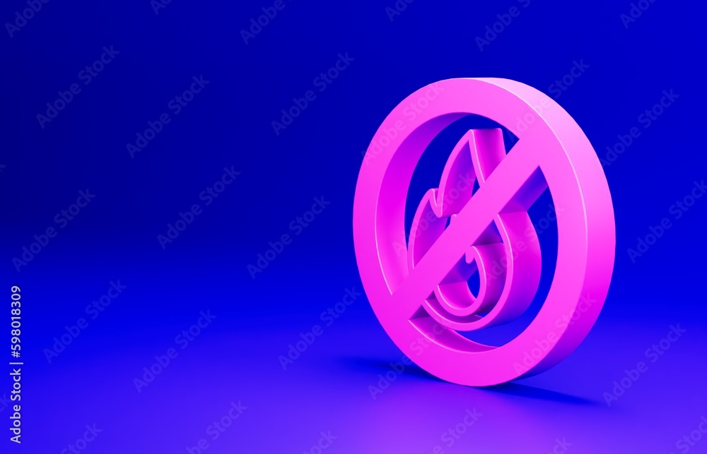 Poster Pink No fire icon isolated on blue background. Fire prohibition and forbidden. Minimalism concept. 3D render illustration