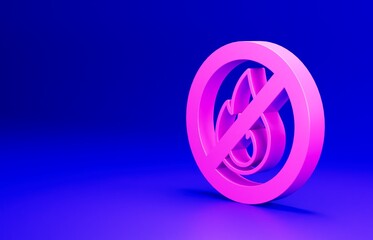 Pink No fire icon isolated on blue background. Fire prohibition and forbidden. Minimalism concept. 3D render illustration