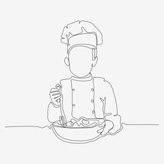 Continuous one line design of kid kneading dough. Cute cooking art character. Minimalist style vector illustration on white background.