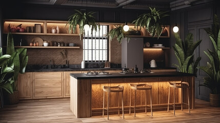 Modern kitchen interior made of natural wooden material, generative ai