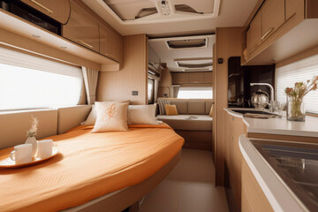 Fototapeta premium Generative AI illustration of interior of motorhome with two big beds, kitchen and dining table, with style of meticulous detailing
