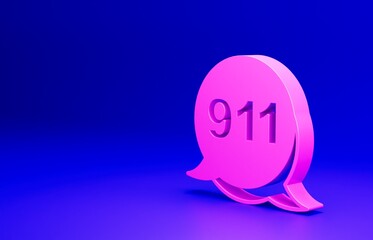 Pink Telephone with emergency call 911 icon isolated on blue background. Police, ambulance, fire department, call, phone. Minimalism concept. 3D render illustration