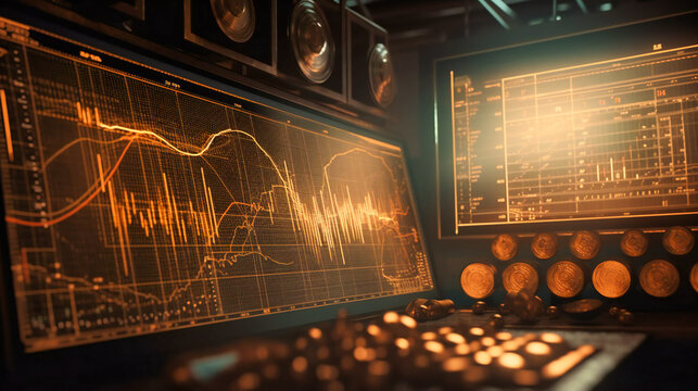 Screen Filled with Abundant Coins and Data Charts, A Visual Symphony