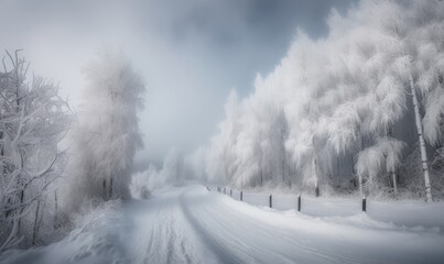 Obraz na płótnie Canvas Snow covered winter road with snow covered trees white landscape background. Generative AI.