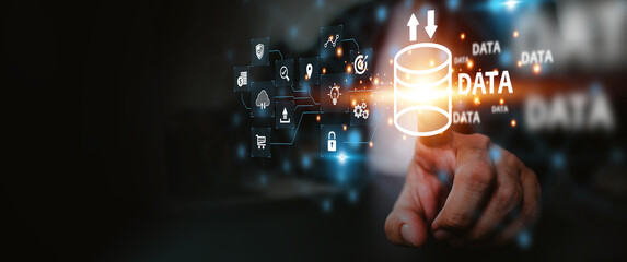 Cloud computing data management technology system for computer network cyber security or database file document transfer and sharing, big data for finance data analytics to growth concepts.