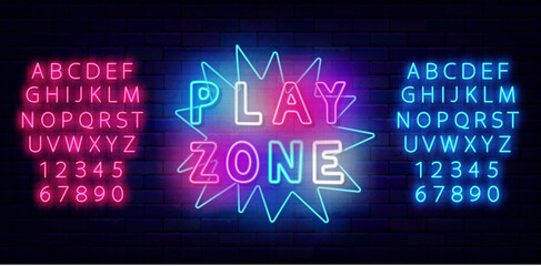Play zone neon signboard. Explosion frame. Simple inscription. Glowing advertising. Vector stock illustration
