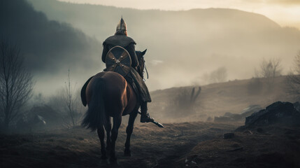 Full figure viking varrior on horseback, generative ai