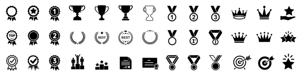 Set of winning award and prize icons, trophy reward, victory trophy signs depicting an award, victory cup achievement, winner medal - stock vector - obrazy, fototapety, plakaty