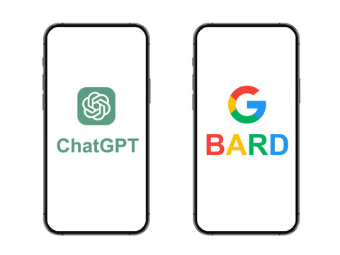 Kiev, Ukraine - April 30, 2023: Set popular AI chatbot services logo company: OpenAI ChatGPT and Google Bard logo on phone screen. Editorial vector