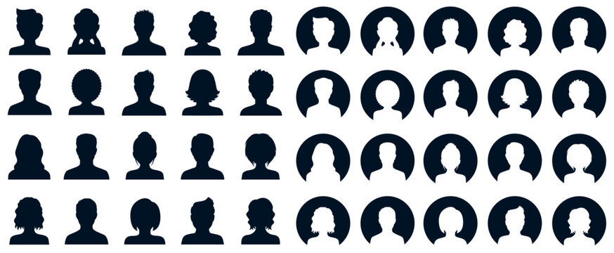 Set man and woman head icon silhouette. Male and female avatar profile sign, face silhouette logo – for stock