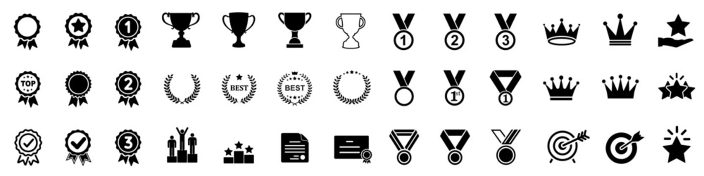 Set of winning award and prize icons, trophy reward, victory trophy signs depicting an award, victory cup achievement, winner medal - stock vector