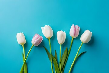 Top view multicolored spring white tulips, blue flowers on pastel blue background with copy space