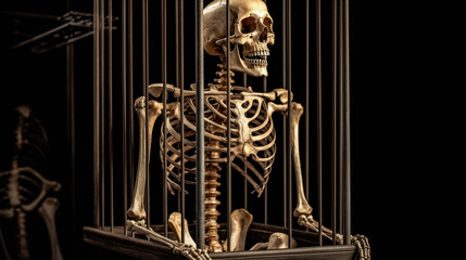 Skeleton hanging in a cage, generative ai