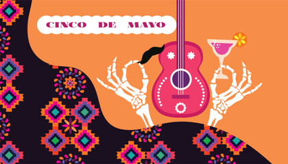 Happy Cinco de mayo template poster with guitar, sombrero, pepper, tequila, firework, pattern Translation from spanish - Cinco de Mayo - May 5 federal holiday in Mexico.Vector illustration Mexico