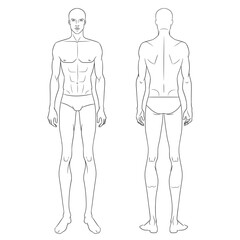 Male fashion model standing, front, and back views. Nine-head fashion figure template. Handsome young man, vector line illustration. Man fashion sketch.