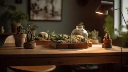 German architecture with table full of cactuses, generative ai