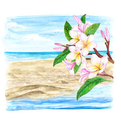 Fototapeta na wymiar Watercolor illustration of a seascape with golden sand, with a branch with green leaves of plumeria flowers, isolated on a transparent background