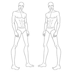 Male fashion model posing. Nine-head fashion figure template. Handsome young man, vector line illustration. Man fashion sketch.