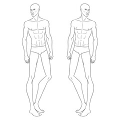 Male fashion model posing. Nine-head fashion figure template. Handsome young man, vector line illustration. Man fashion sketch.
