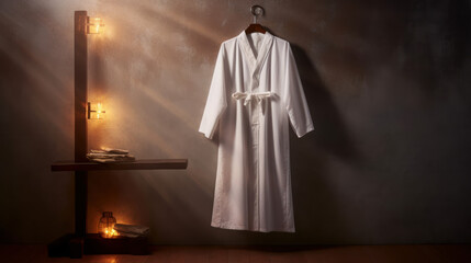 Robe and first communion alb on coat rack, generative ai
