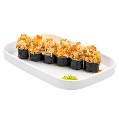 Portion of gourmet crispy shrimp sushi rolls