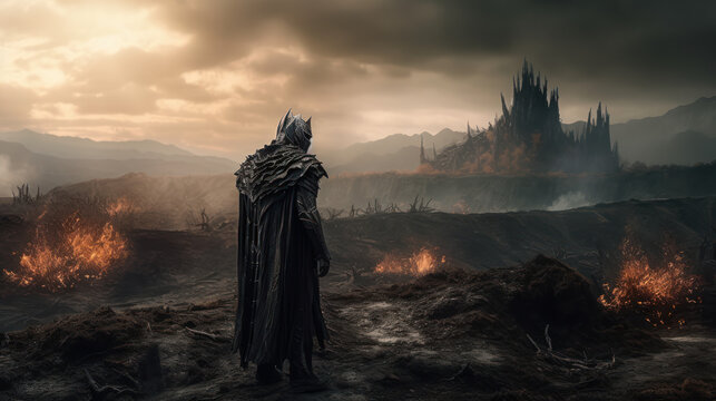 Sauron the dark lord looking at a landscape of a death, generative ai