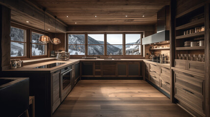 interior of the house, setting of a kitchen of a private mountain house, generative ai