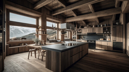 Fototapeta na wymiar interior of the house, setting of a kitchen of a private mountain house, generative ai