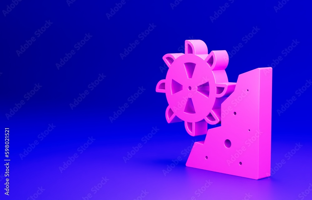 Sticker pink bucket wheel excavator icon isolated on blue background. minimalism concept. 3d render illustra