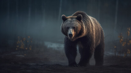Fototapeta premium brown bear in the forest, grizzly bear in dark, generative ai