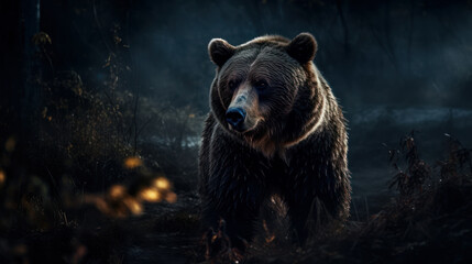 Fototapeta premium brown bear in the forest, grizzly bear in dark, generative ai