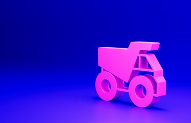 Pink Mining dump truck icon isolated on blue background. Minimalism concept. 3D render illustration