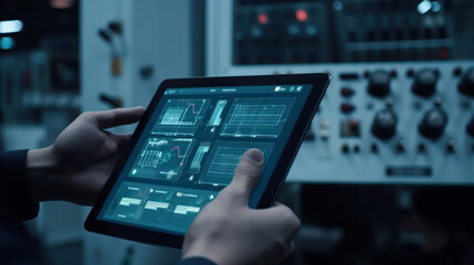 Smart industry control concept, hands holding a tablet, generative ai