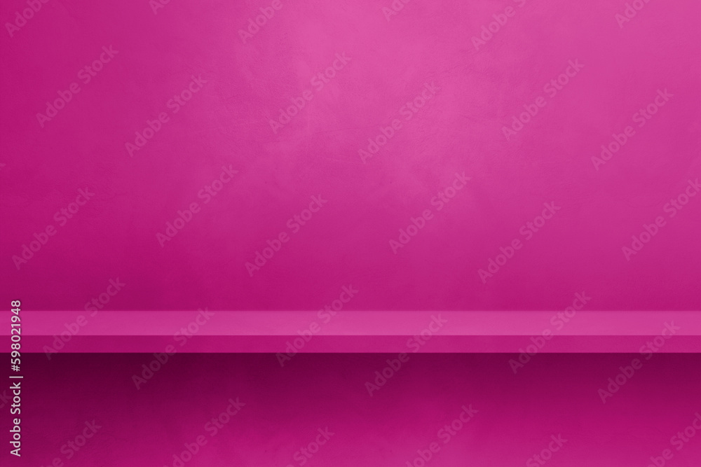 Wall mural Empty shelf on a pink concrete wall. Background template. Horizontal mockup