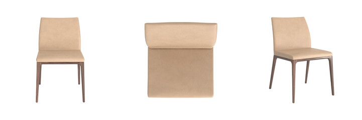 Chair in front, side and Top angles, interior furniture on white background, chair in different positions, Set of three chairs in different view angles, different angle, chairs set in various points o