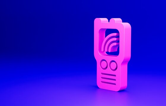 Pink Walkie talkie icon isolated on blue background. Portable radio transmitter icon. Radio transceiver sign. Minimalism concept. 3D render illustration