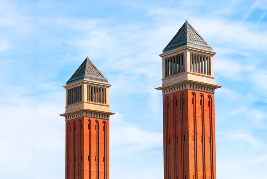 Torres Venecianes in Barcelona Spain . Pair of towers at Placa d'Espanya in Barcelona