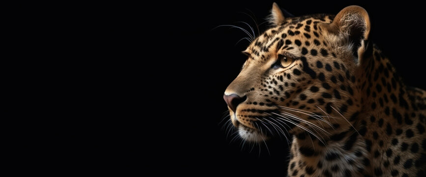 Leopard head, a large carnivorous animal close-up. Panoramic image of the head of a predatory animal on the right on a black isolated banner background. Generative AI.